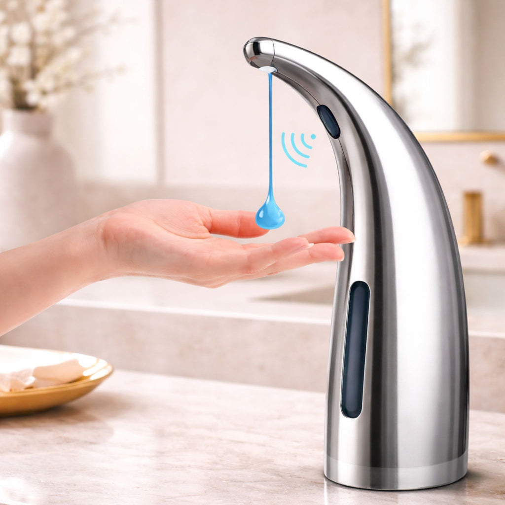 dispenser-sabao-automatico-cromado-luxo-design-premium-touchless-sensor-movimento-acabamento-metalico-banheiro-sofisticado-bancada-marmore-casa-inteligente-habitattio
